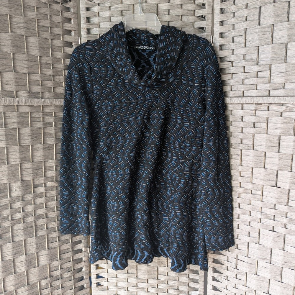 Snoskins Sweater Black Blue Cowl Neck Textured Knit Sz M Boho Eclectic Artsy